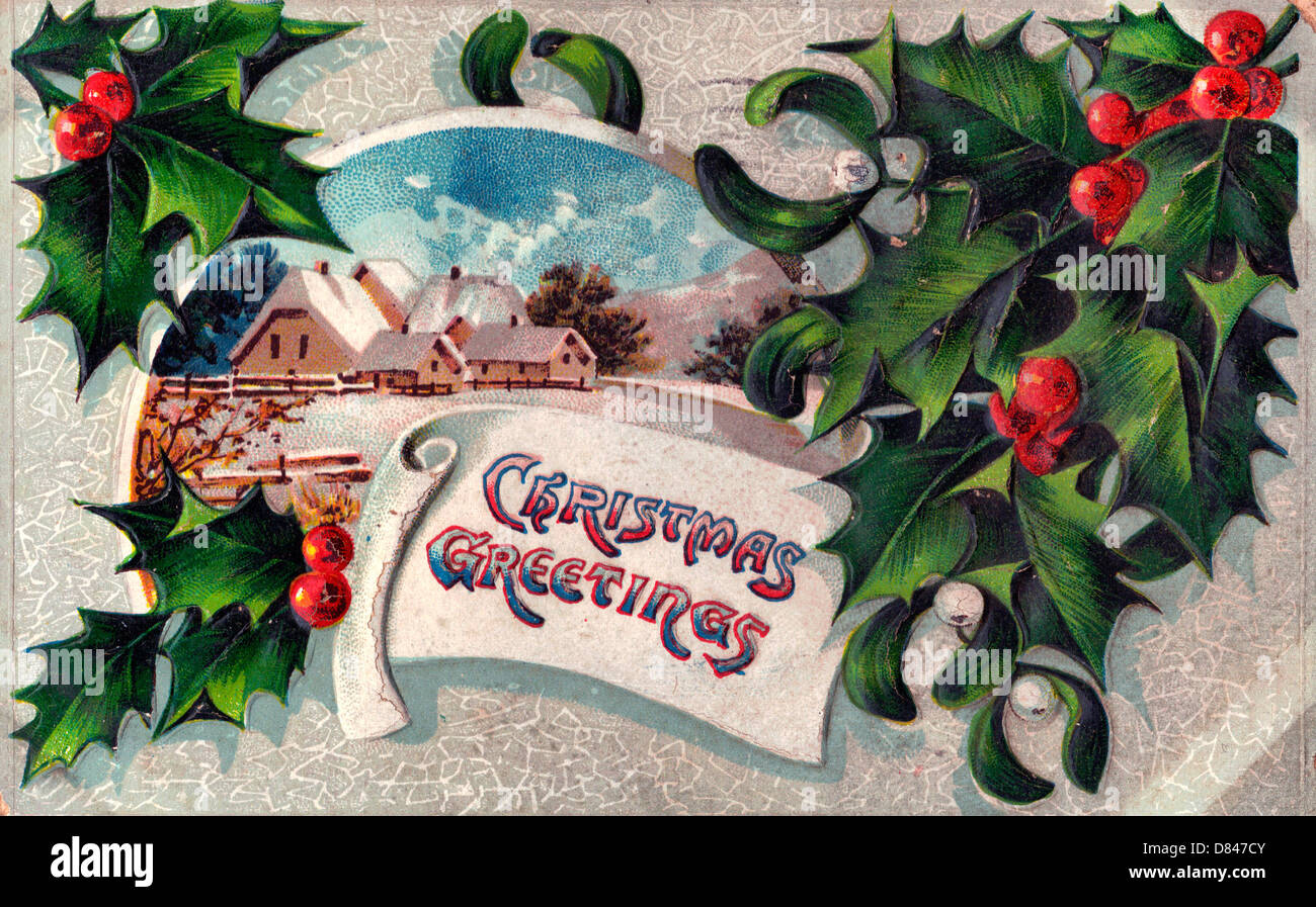 Christmas Greetings - Vintage card with winter scene and holly Stock Photo