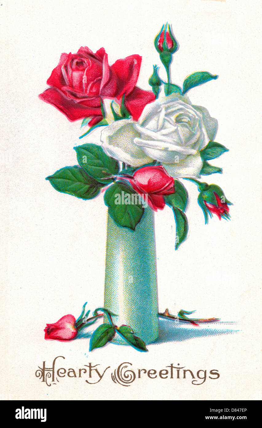 Hearty Greetings Vintage Card With Vase And Roses Stock Photo Alamy