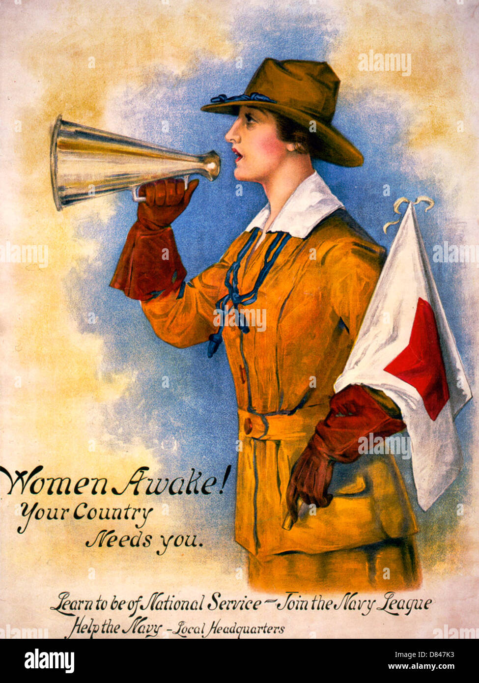 Women awake!  Your country needs you - Woman in uniform holding megaphone and flag. 1916 Poster Stock Photo