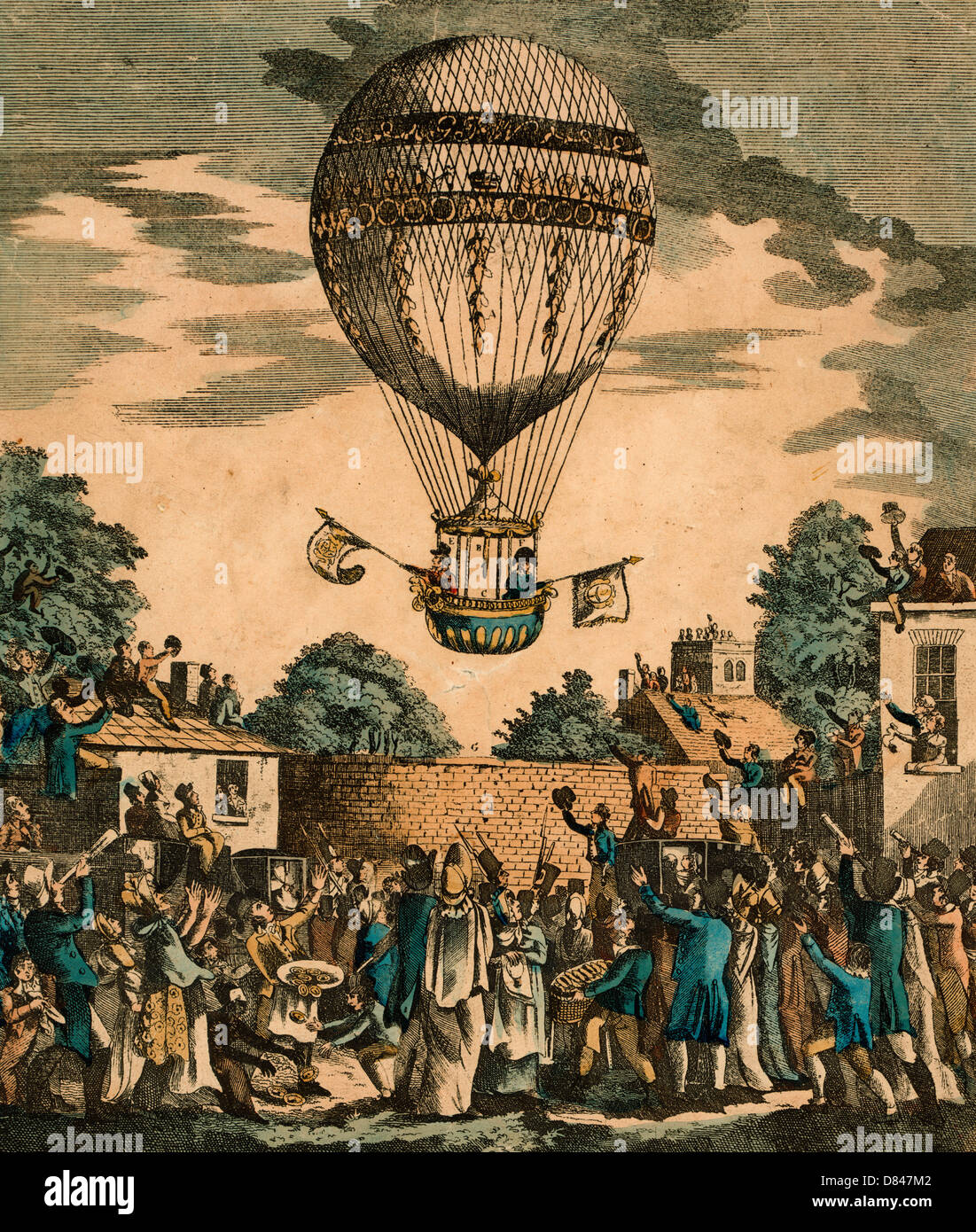 A view of the balloon of Mr. Sadler's ascending with him and Captain Paget of the Royal Navy from the gardens of the Mermaid Tavern at Hackney on Monday, August 12, 1811 Stock Photo