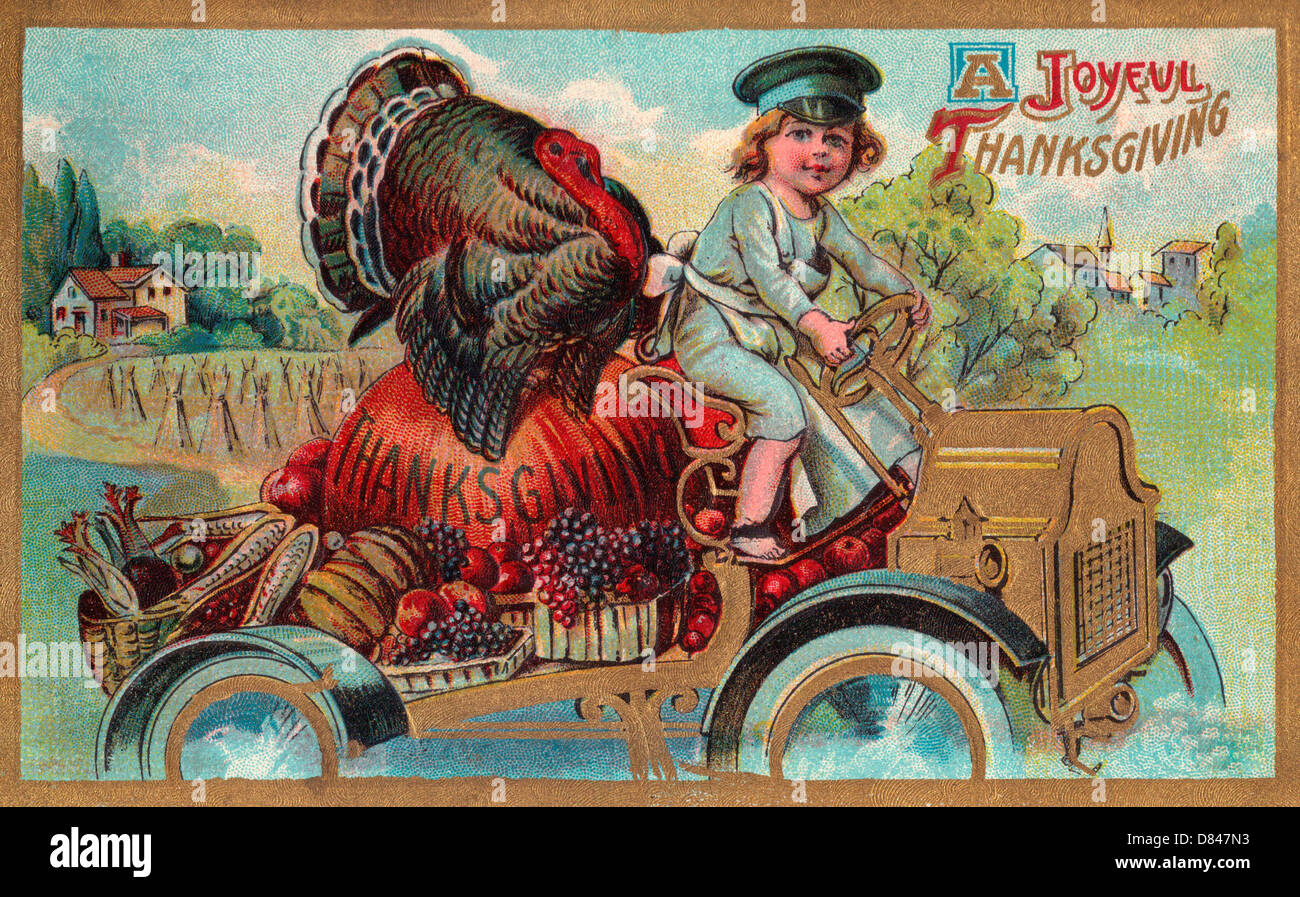 A Joyful Thanksgiving - vintage card with boy driving a turkey sitting on a giant pumpkin Stock Photo