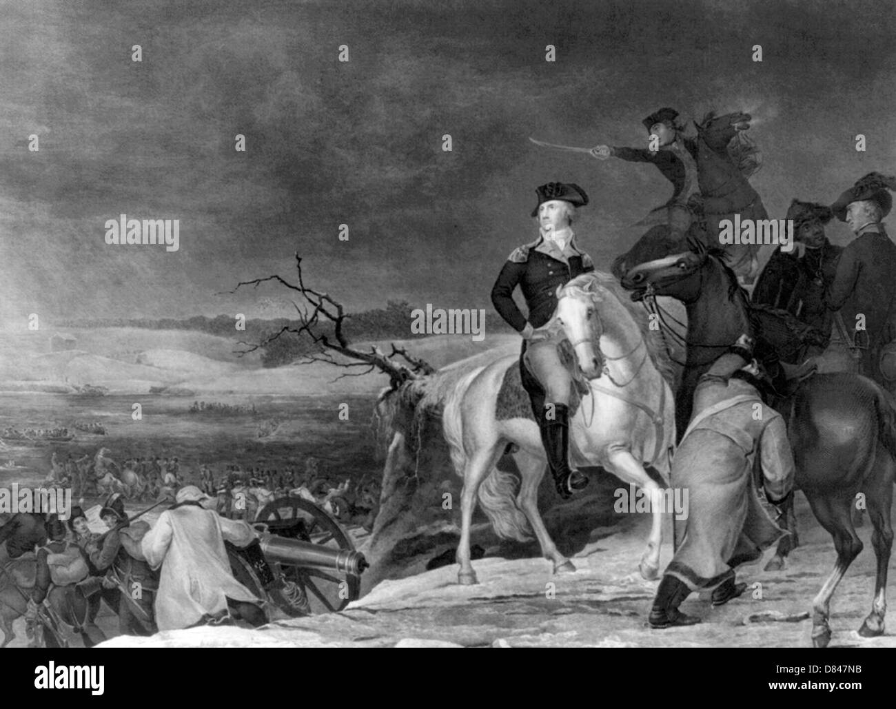 Washington passing the Delaware, evening previous to the Battle of Trenton, December 25th, 1776 during the American Revolution Stock Photo