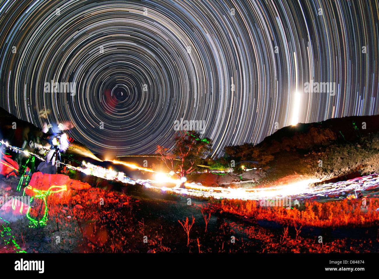 Astronomers observe polar star trails above the highest mountain in Iran. Stock Photo