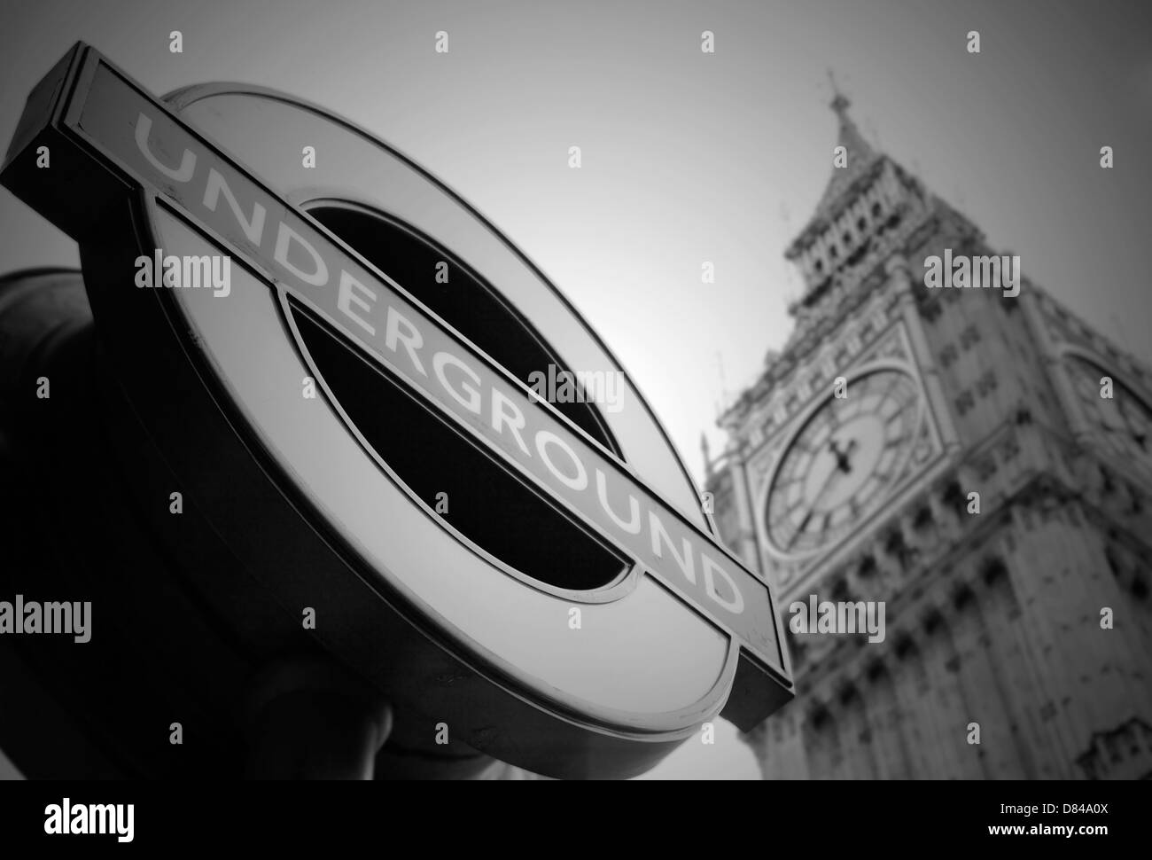 A detail of an underground sign and Big Ben, London, UK. Stock Photo