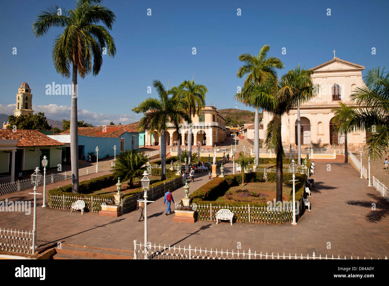 square Plaza Mayor with the Church of the Holy Trinity, Museo Romantico and bell tower of the Convento de San Francisco, Stock Photo