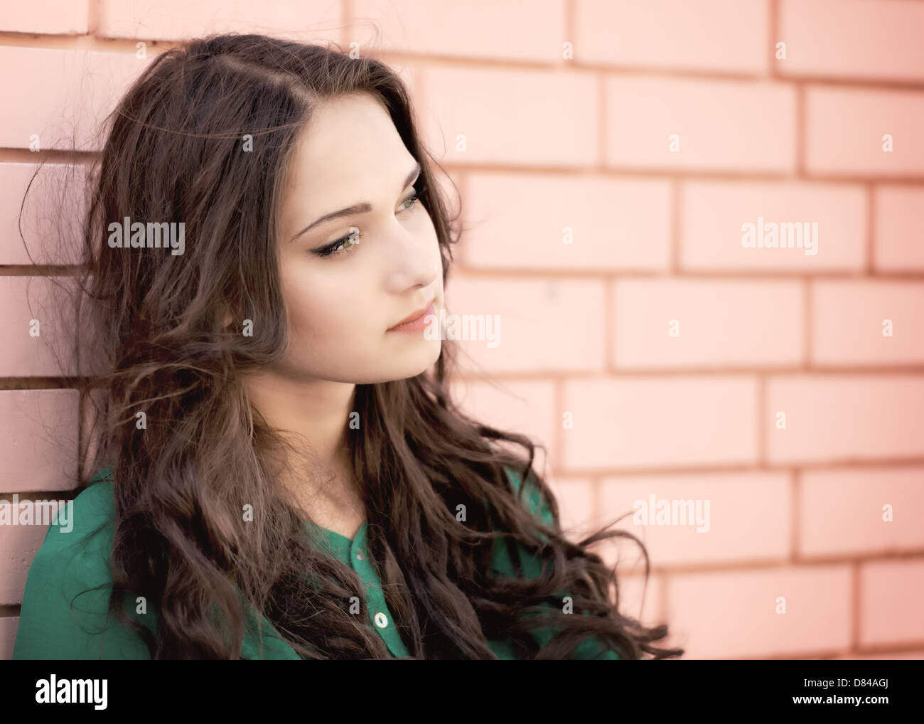 Young elegant woman in front of brick wall backround Stock Photo - Alamy