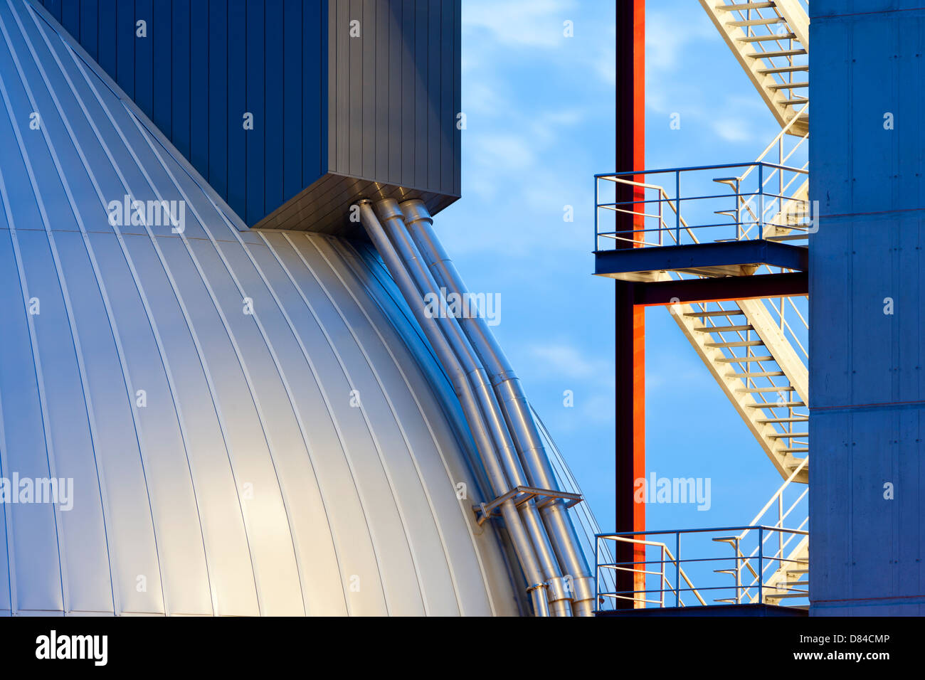Sewage treatment plant architecture detail with blue night sky at dusk. Stock Photo