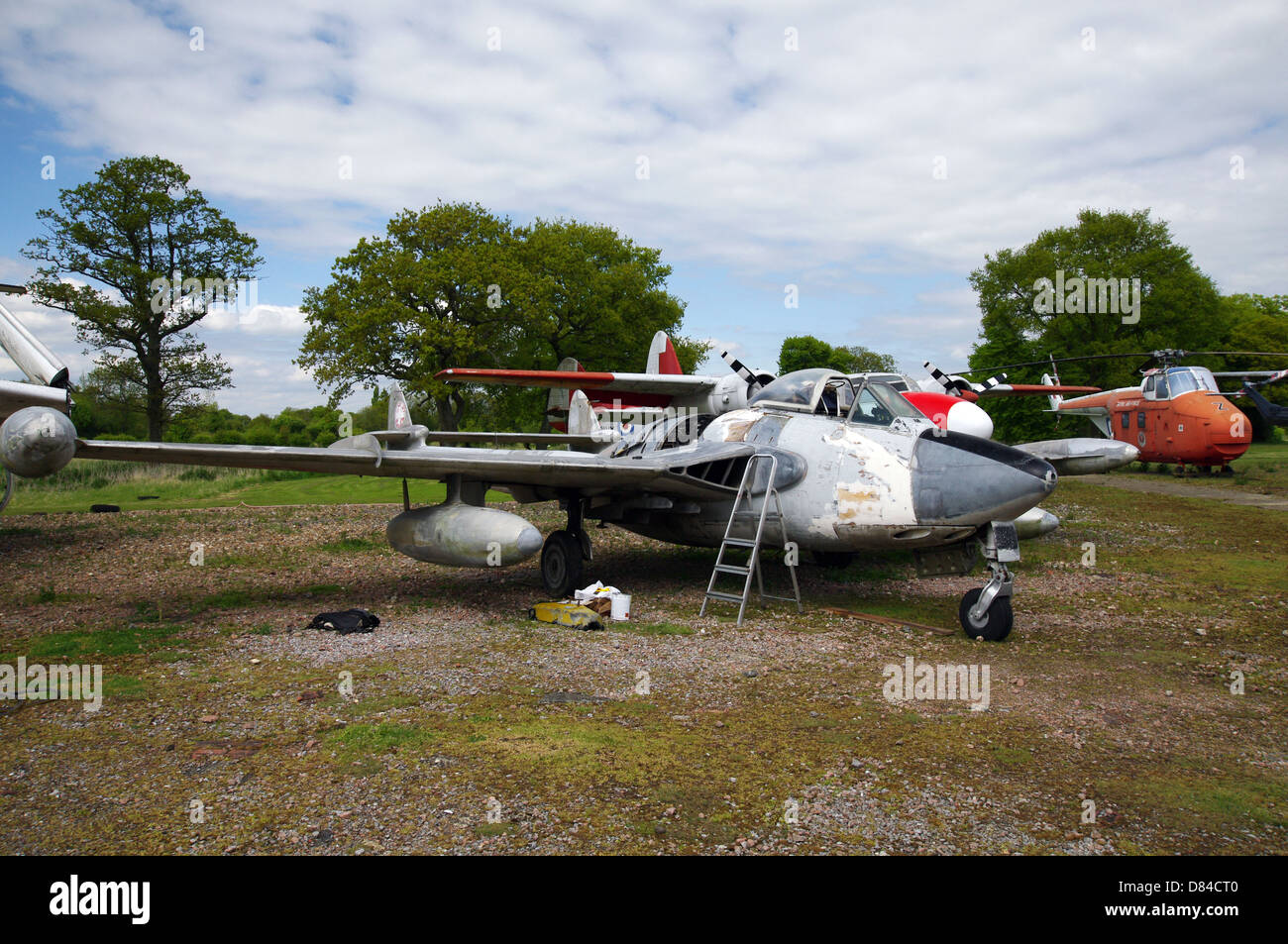 Maintenance carried out on de Havilland Venom displayed at Gatwick Aviation Museum Stock Photo