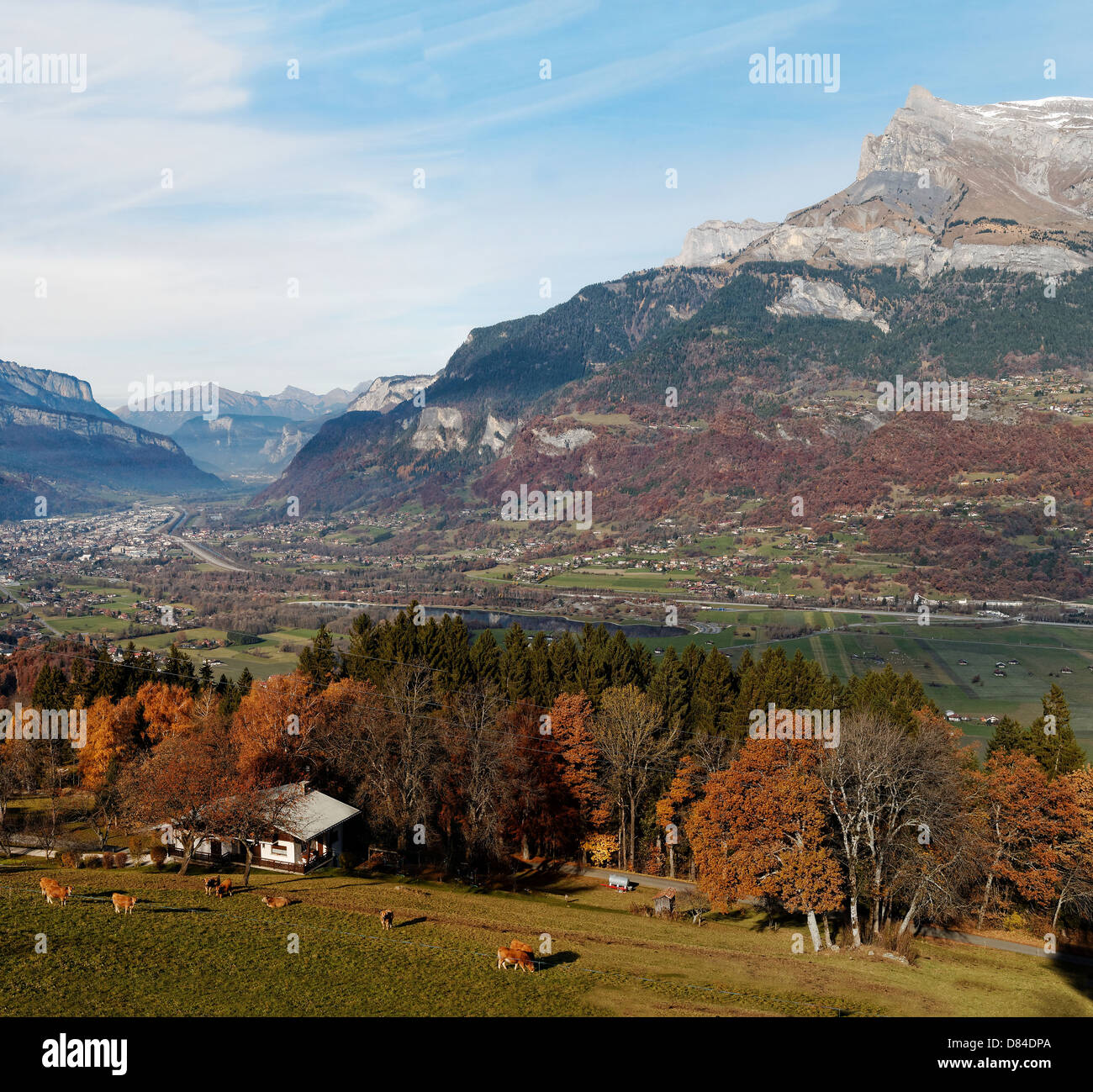 Colorful French Alps Landscape, Arve Valley, Sallanches on the background.Views from Comboux Mountain Side. Stock Photo
