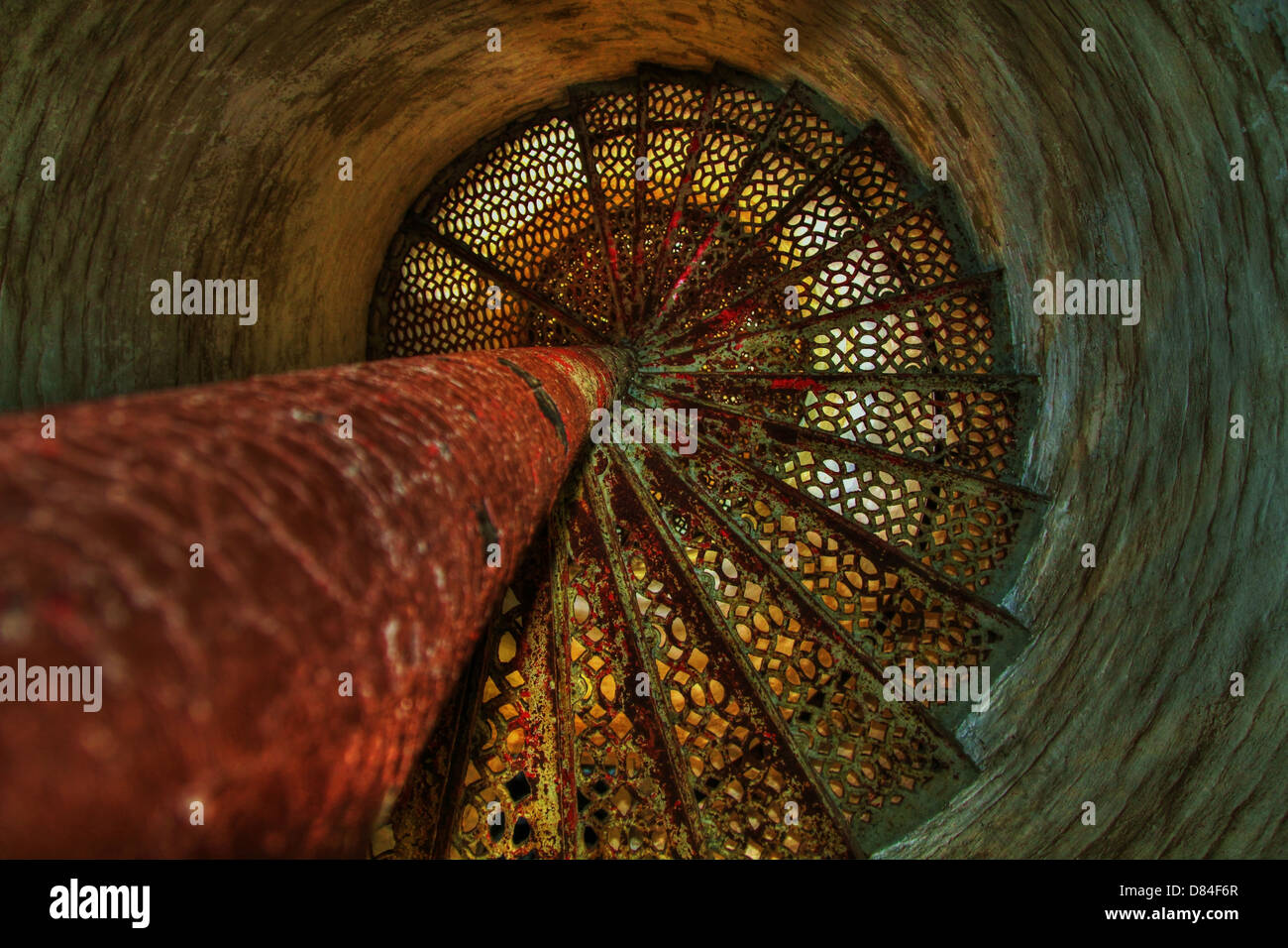 Looking down the spiral staircase of the Fort Gratiot Lighthouse. The oldest lighthouse in the state of Michigan. Stock Photo