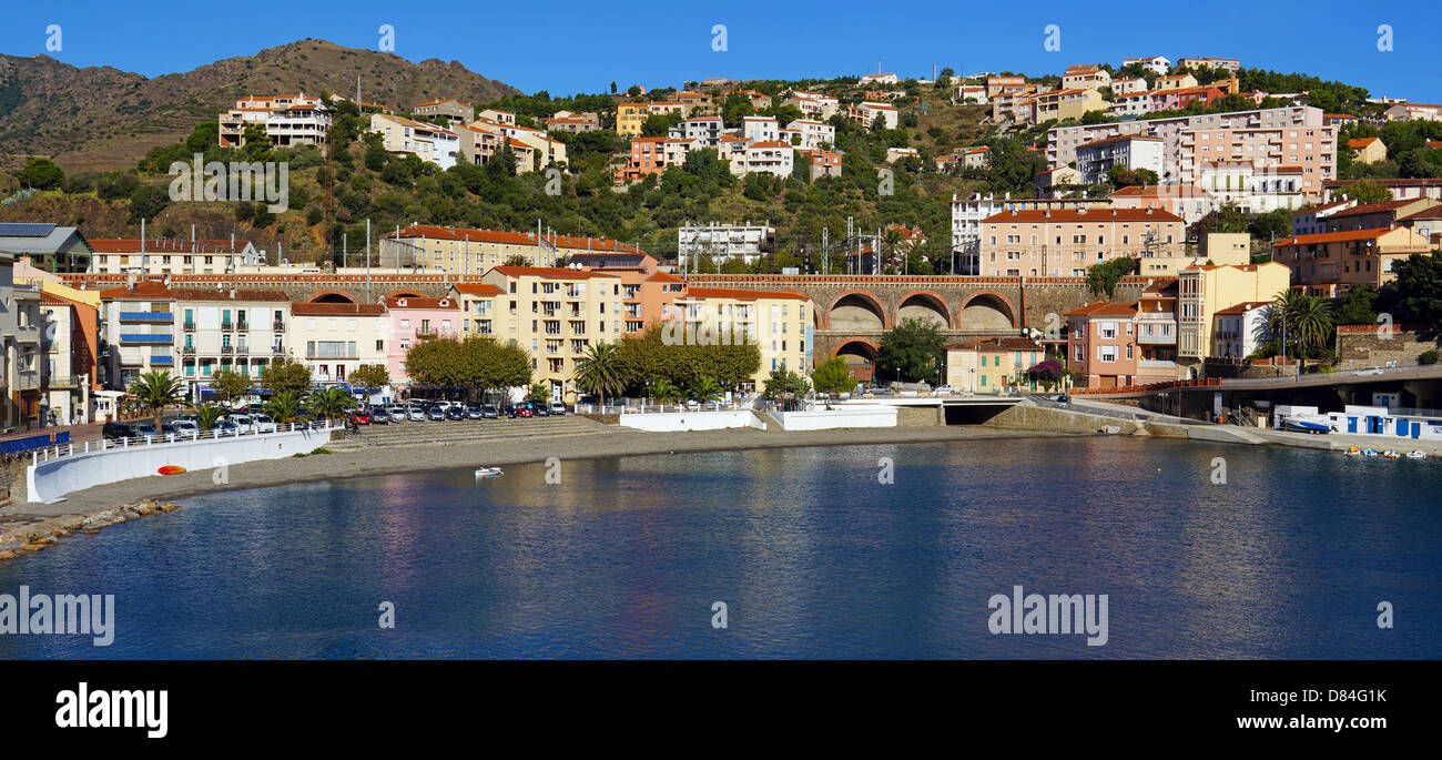 Panoramic view on the Mediterranean village of Cerbere and its beach, Vermilion coast, Roussillon, France Stock Photo