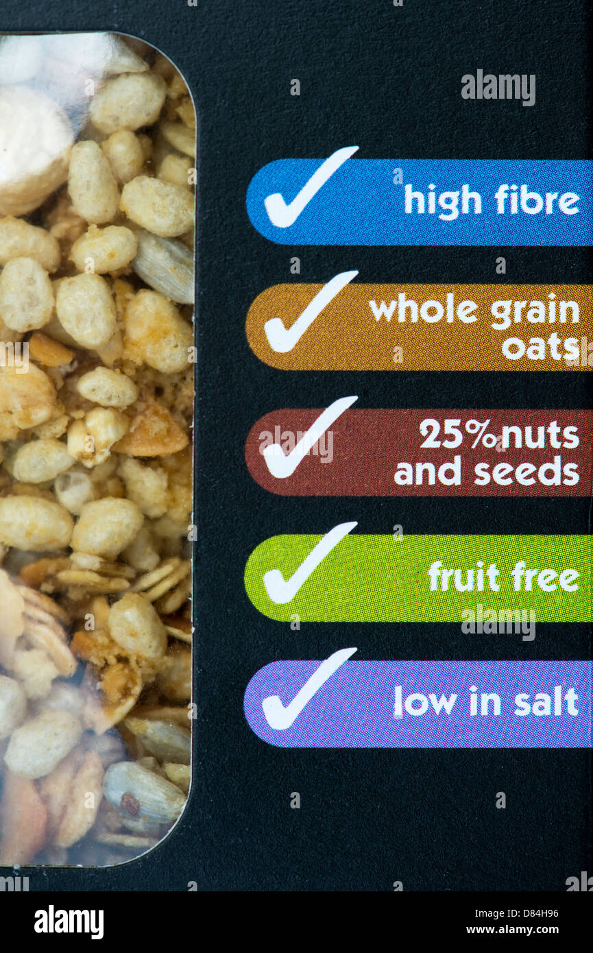 Healthy breakfast cereal packet labeling Stock Photo