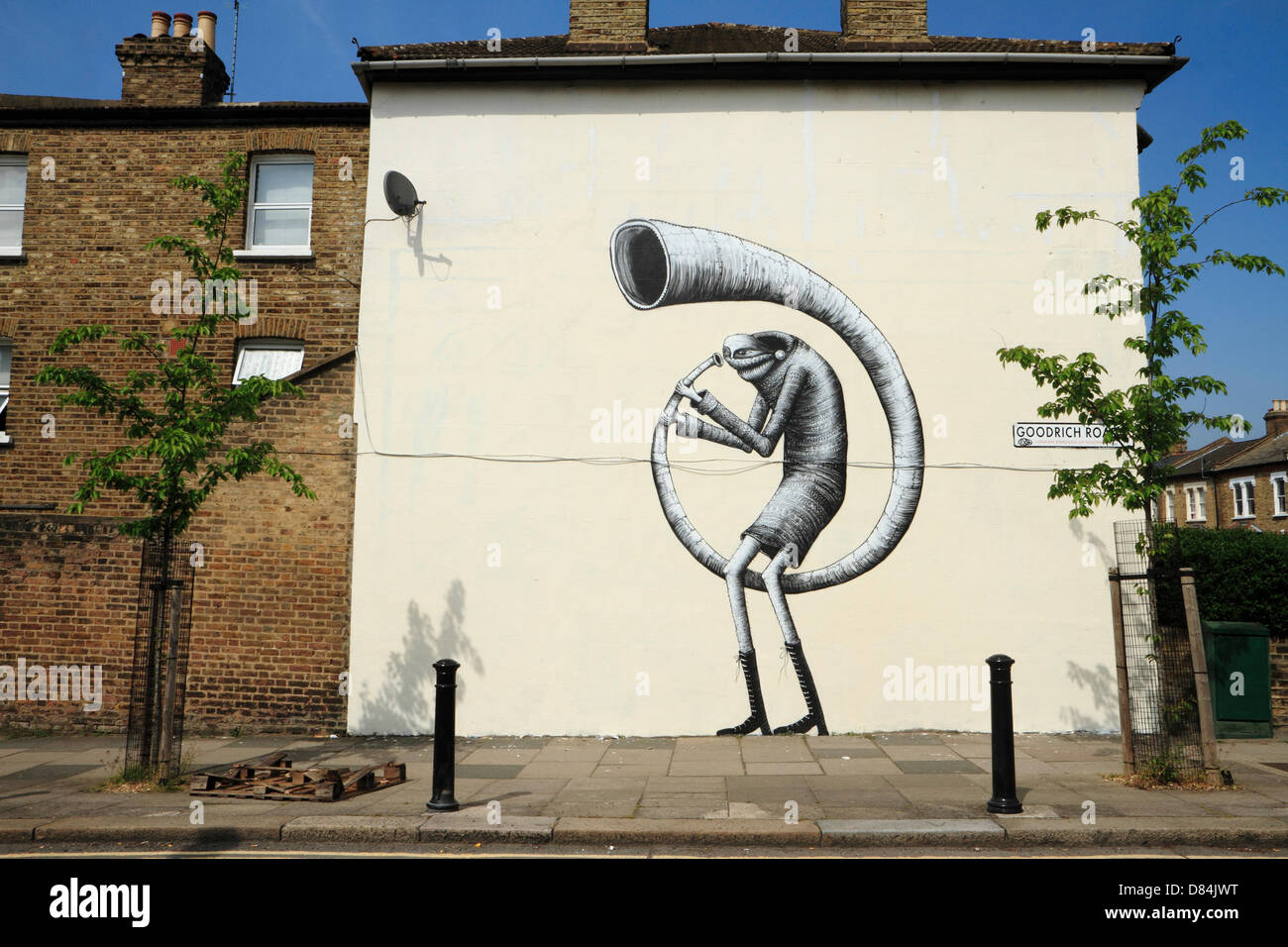 A mural by street artist Phlegm - one of more than twenty large scale public murals created by international street artists as part of Dulwich 'Baroque the Streets' festival Stock Photo