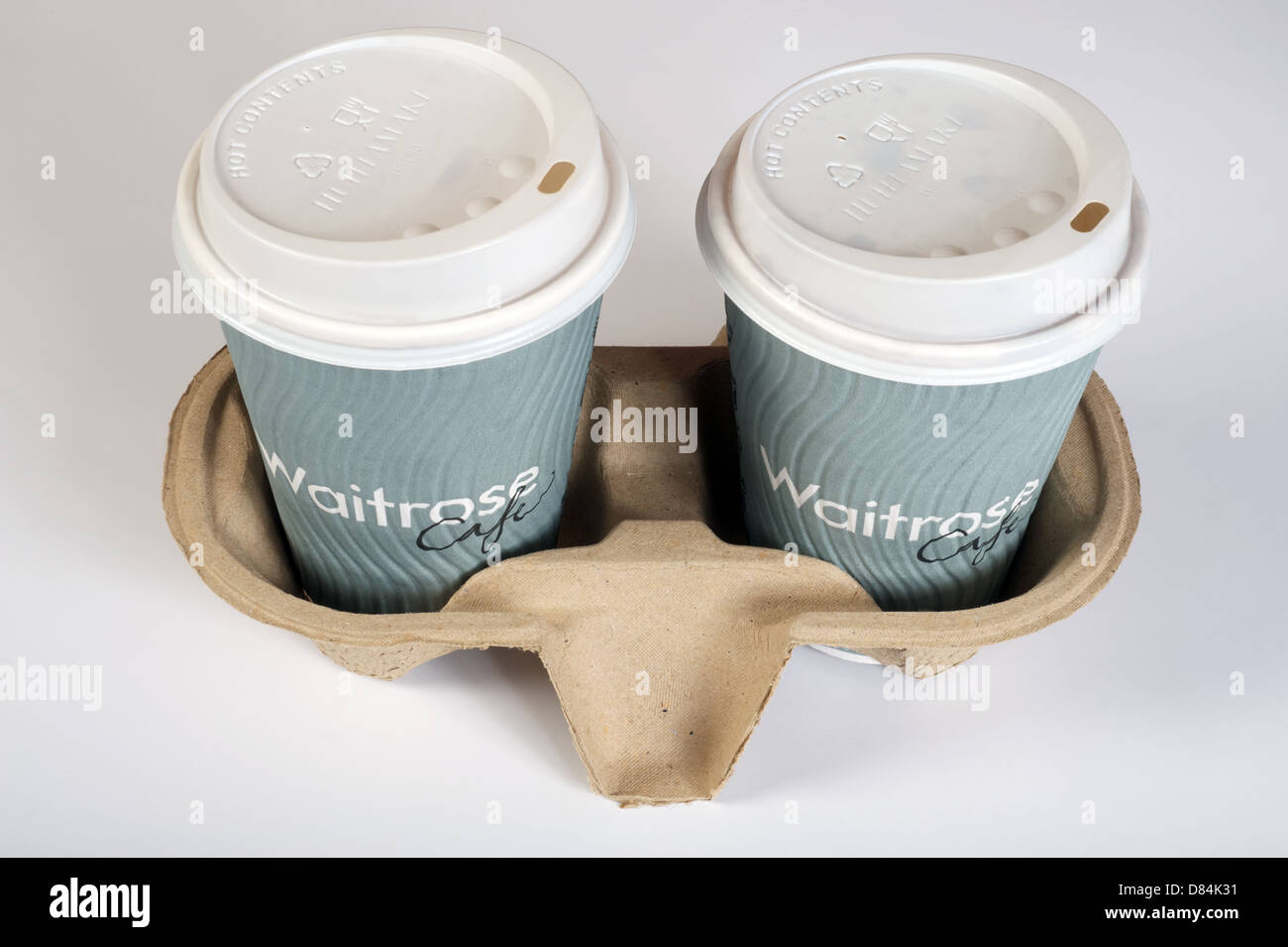 Waitrose cafe take-away coffee cups and carrier Stock Photo