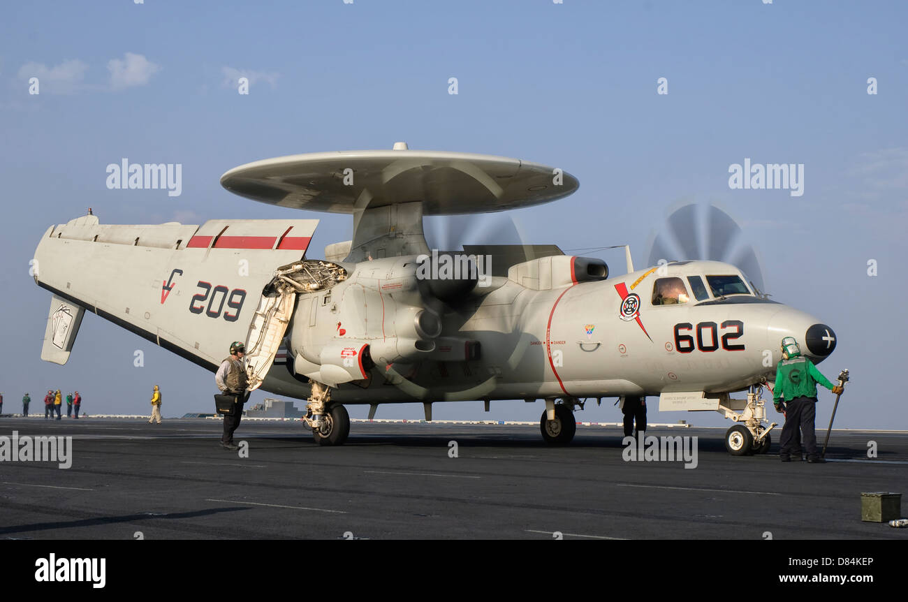 Persian Gulf, October 30, 2011 - An E-2C Hawkeye is ready to launch from the deck of USS George H.W. Bush. Stock Photo