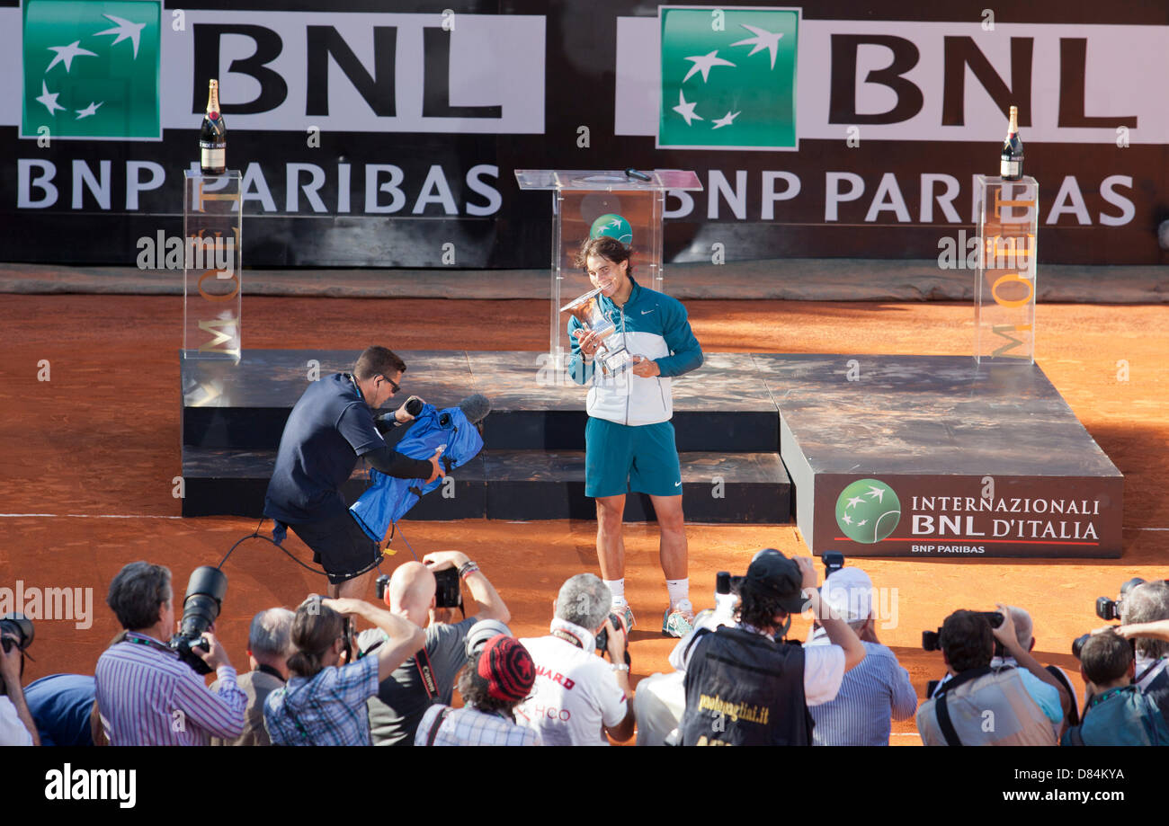 Rome, Italy. Sunday, 19th May, 2013. BNL Rome International Tennis. Rafael Nadal is photographed with the winners trophy after beating Roger Federer, 6-1. 6-3,  in the Rome International Tennis final It was the first time the two had met in the Rome final since 2006. Credit: Stephen Bisgrove/Alamy Live News Stock Photo