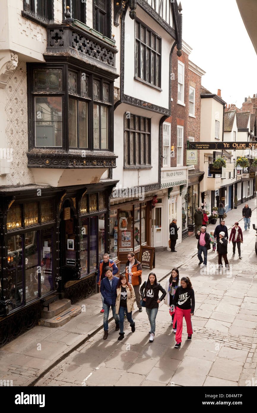 Stonegate street scene, a well preserved medieval street in York old city, Yorkshire UK Stock Photo