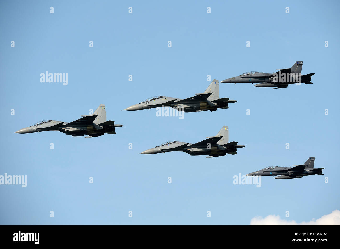 Sukhoi Su-30 MKM aircraft and F/A-18 Hornet jets of the Royal Malaysian Air Force. Stock Photo