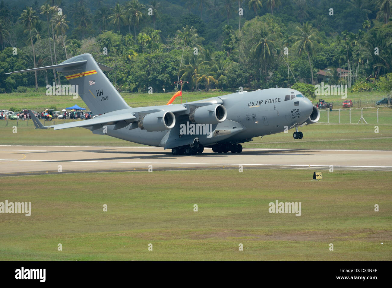 March 30, 2013 - A Boeing C-17 Globemaster III of the U.S. Air Force taking off from Langkawi Airport, Malaysia. Stock Photo
