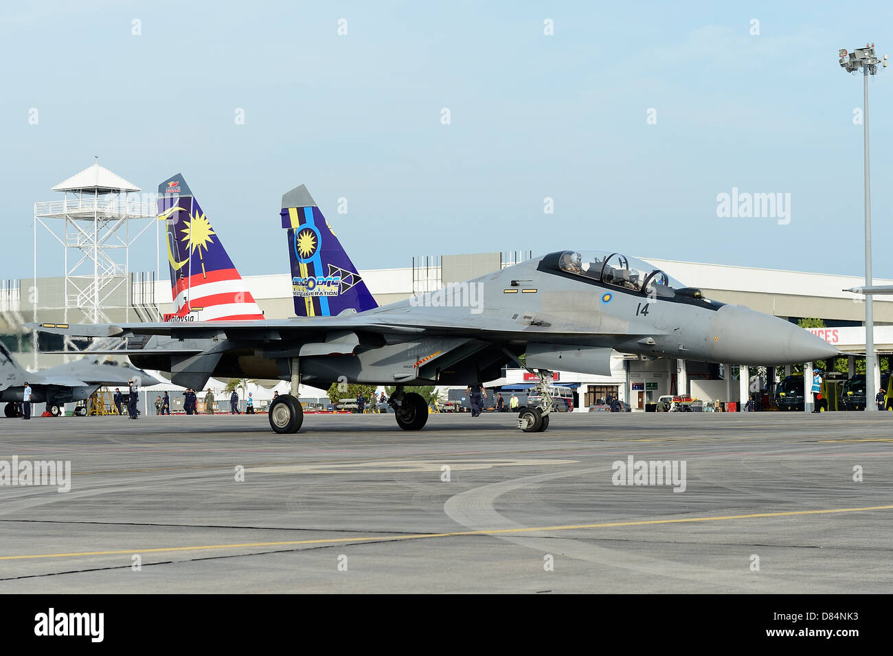 March 31, 2013 - A Sukhoi Su-30 (special colors) of the Royal Malaysian Air Force taxiing at Langkawi Airport, Malaysia. Stock Photo