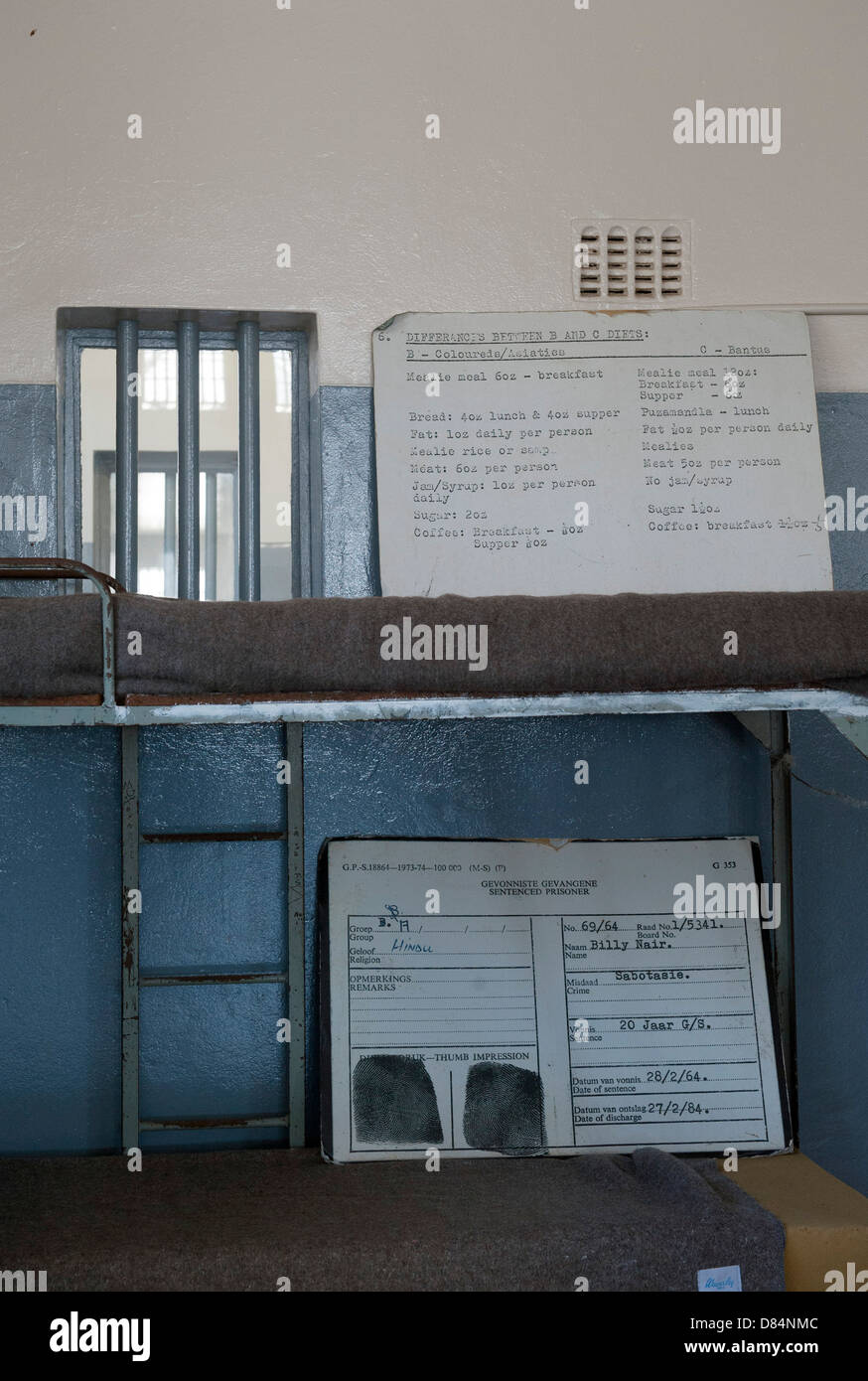 Inside Robben Island Prison, Cape Town, South Africa. The signs show the different meal allowances for prisoners. Stock Photo