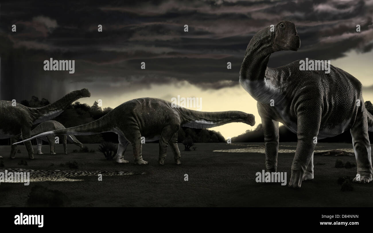 Titanosaurs in the first storm of the year Stock Photo
