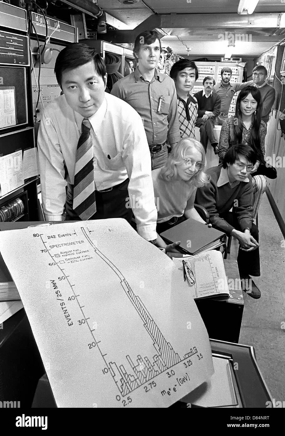 Nobel Laureate Samuel Ting of the Massachusetts Institute of Technology shown with his team at Brookhaven National Laboratory Alternating Gradient Synchrotron August 3, 1998 in Upton, NY. Ting and Burton Richter of the Stanford Linear Accelerator were awarded the 1976 Nobel Prize in physics for the discovery of charmonium, a particle made of a charmed quark bound to its antiquark. Stock Photo