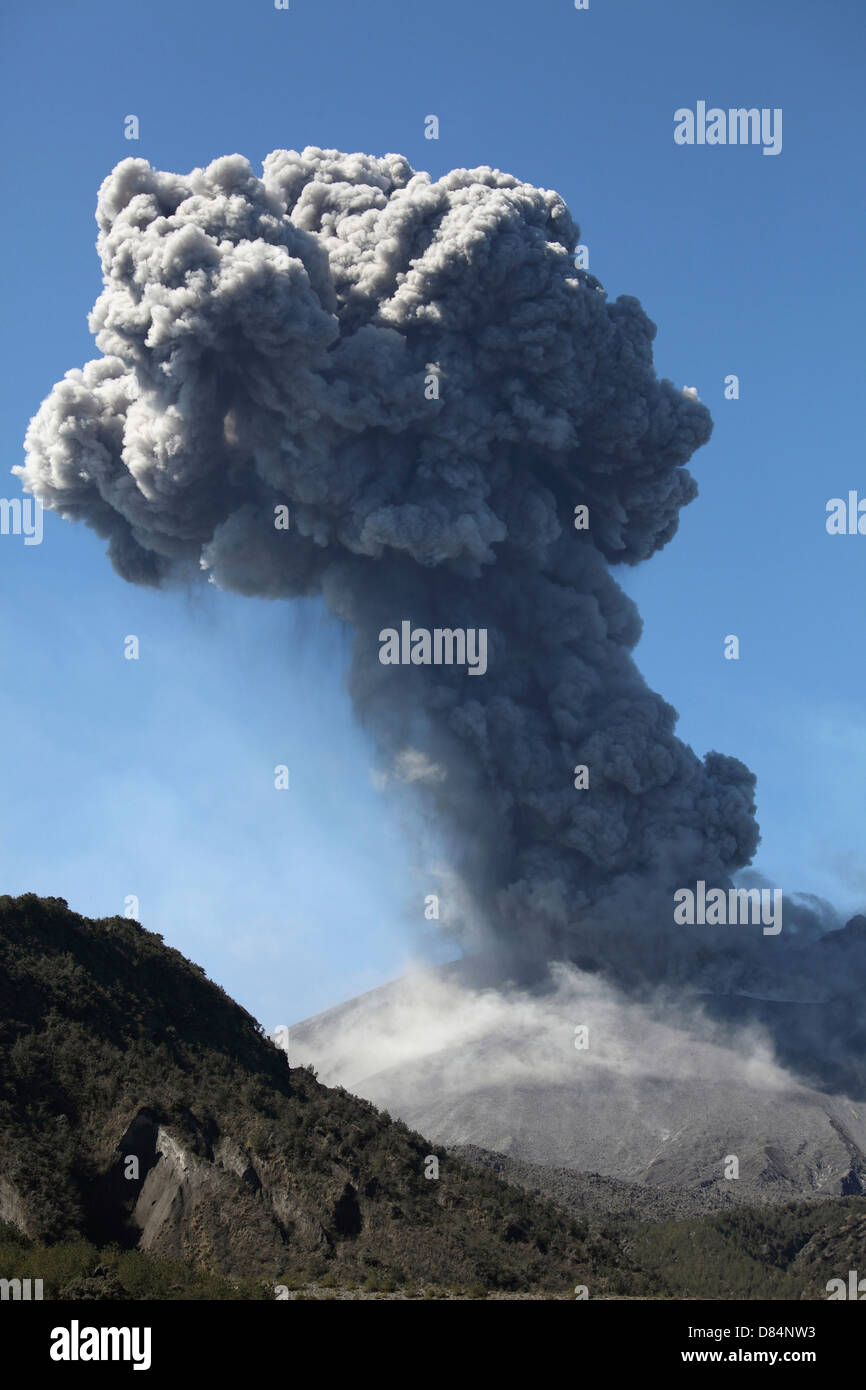 February 24, 2013 - Mushroom shaped ash cloud produced by powerful explosive eruption of Sakurajima volcano, Kagoshima, Japan. Stock Photo
