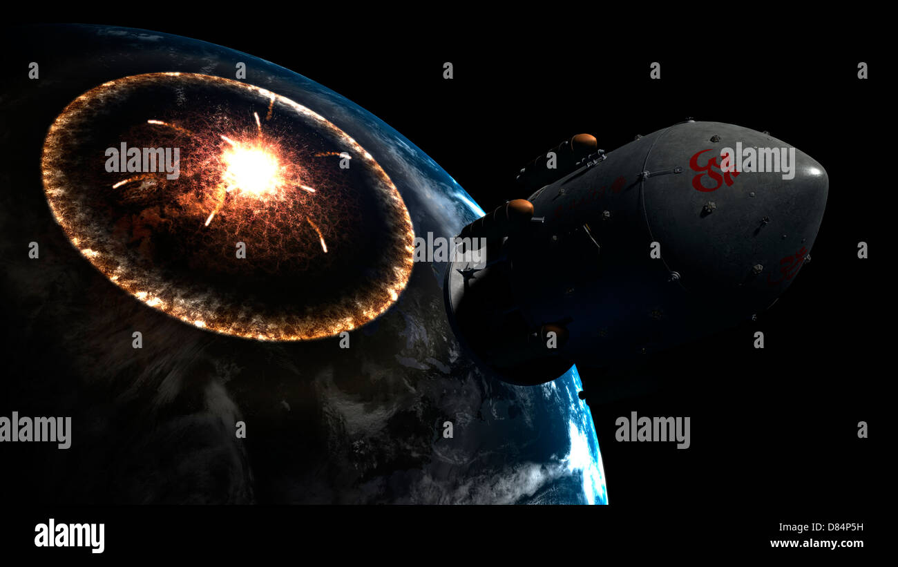 Orion-drive spacecraft leaving Earth impacted by a comet. Stock Photo