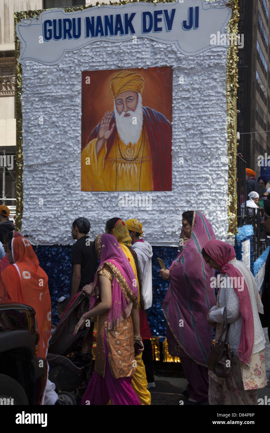Annual Sikh parade and festival on Madison Avenue in New York City. Guru Nanak Dev Ji was the Sikh's first guru Stock Photo