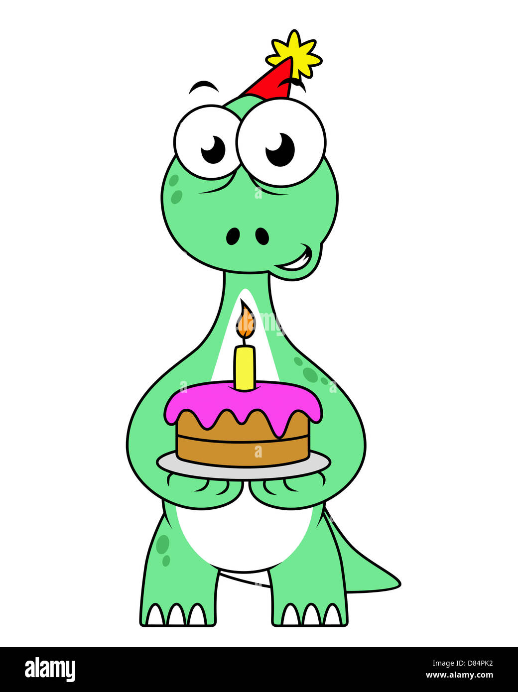 Illustration of a Brontosaurus with a birthday cake. Stock Photo