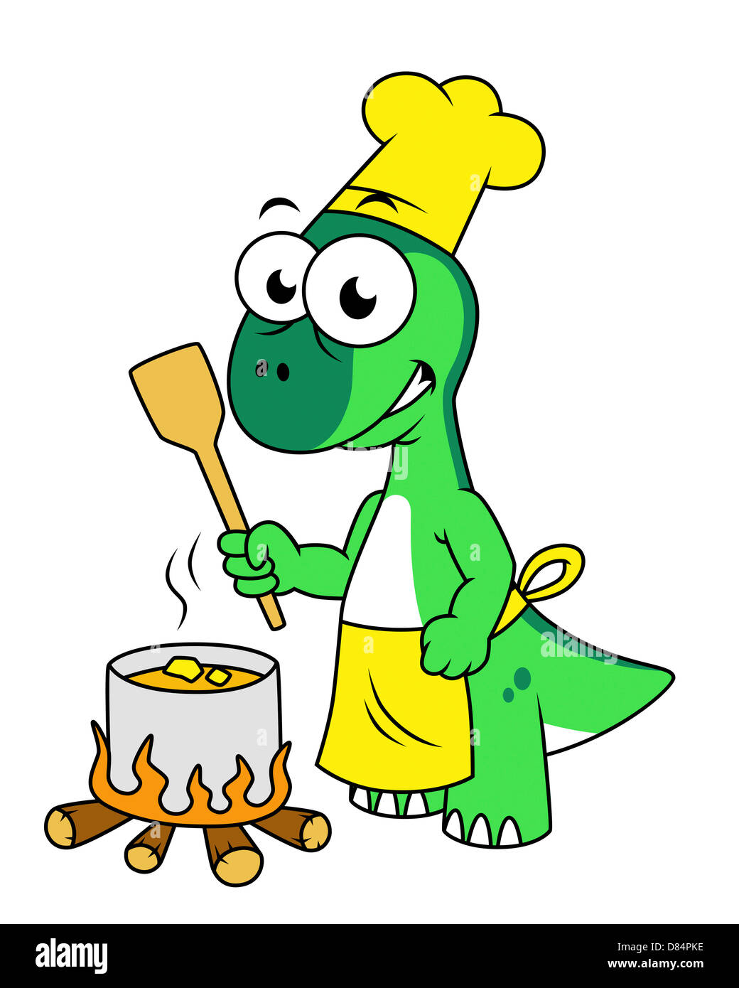 Illustration of a Parasaurolophus dinosaur cooking. Stock Photo