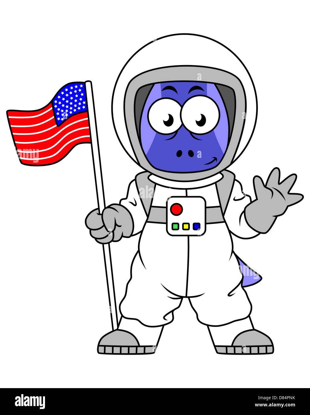 Illustration of a Parasaurolophus astronaut holding American Flag. Stock Photo