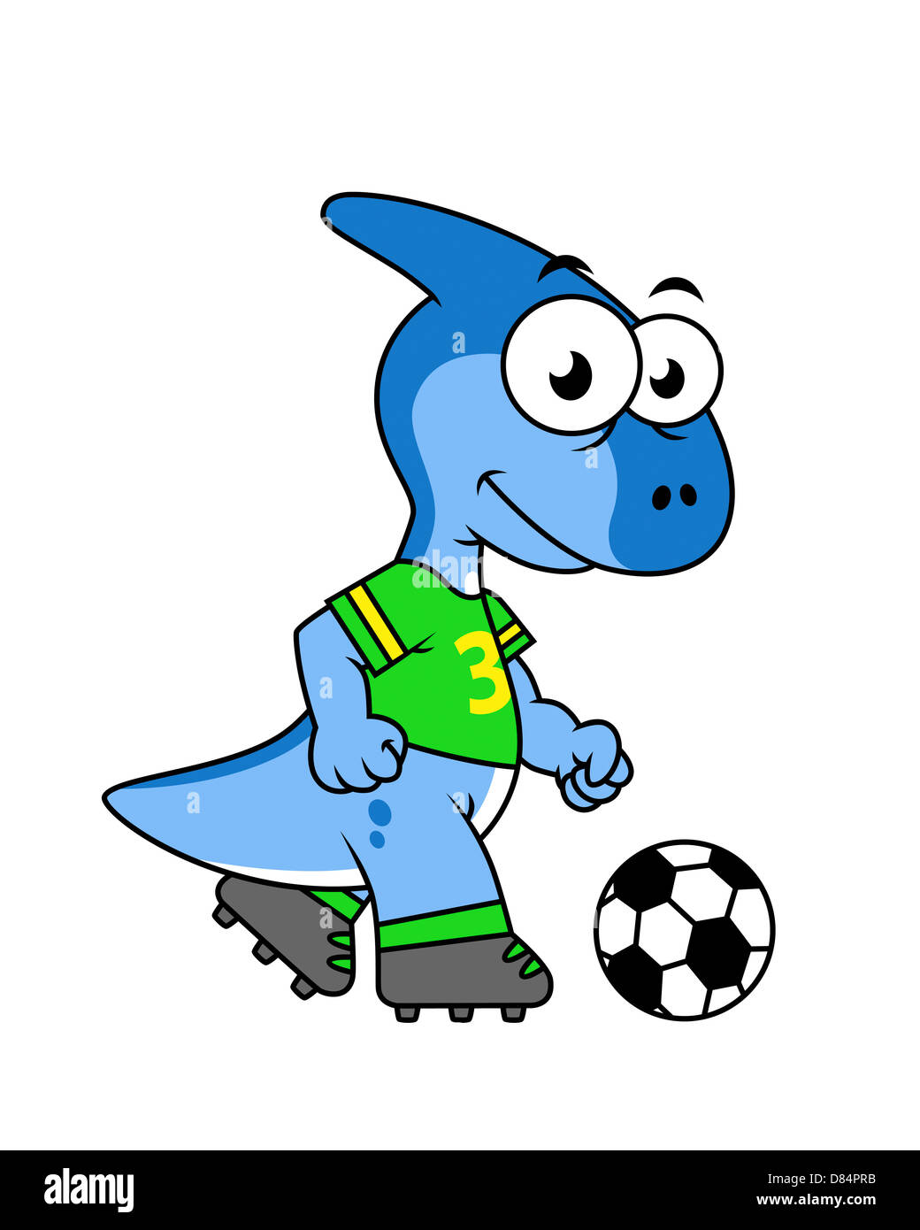 Cute illustration of a Parasaurolophus playing soccer. Stock Photo