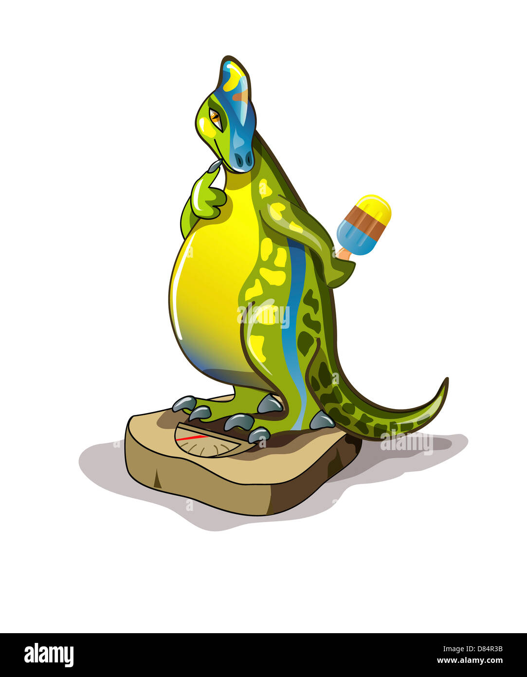 Illustration of a Lambeosaurus standing on a weight scale while holding ice cream behind its back. Stock Photo
