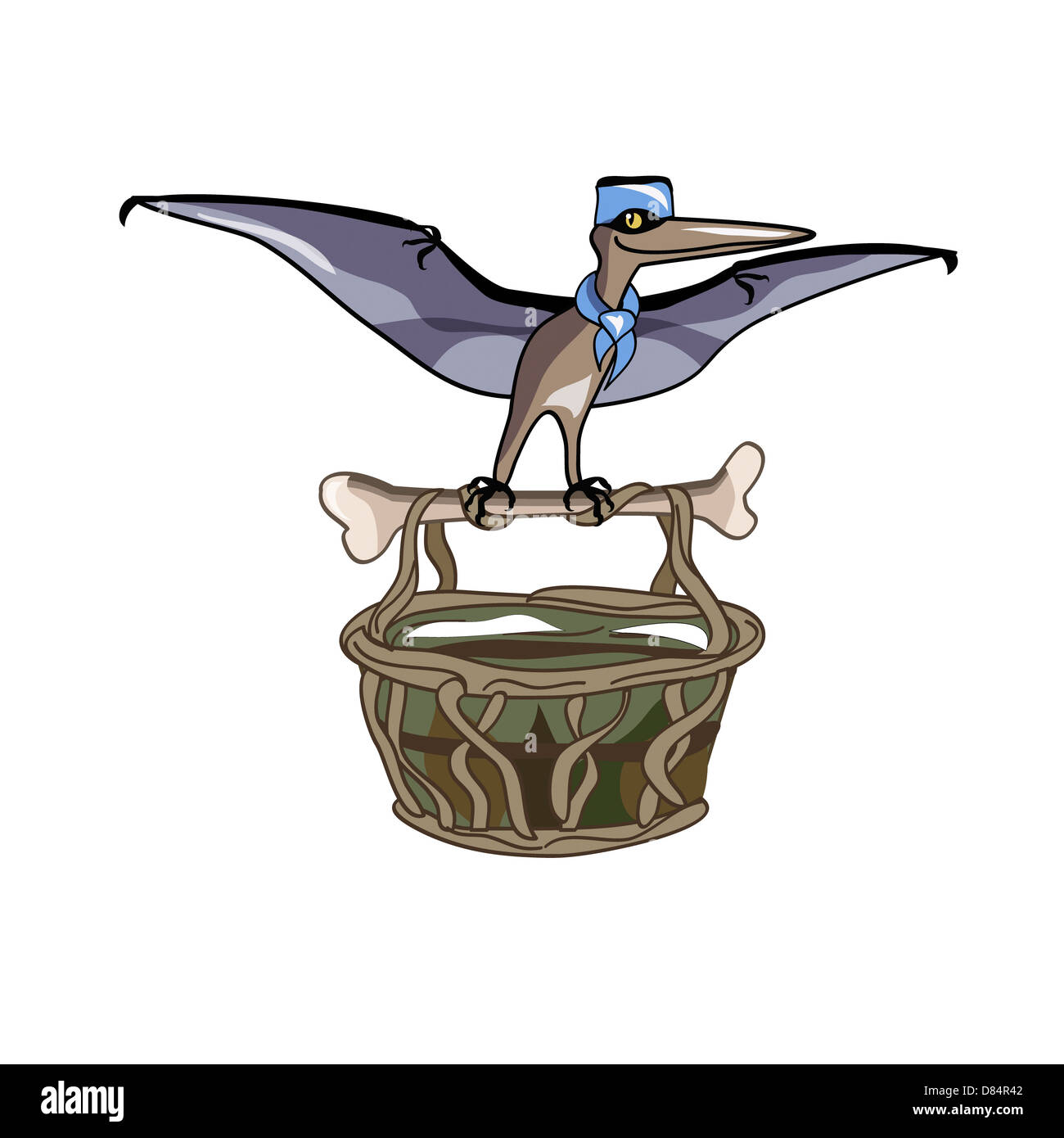 Illustration of a Pteranodon carrying a basket, representing dino airlines. Stock Photo