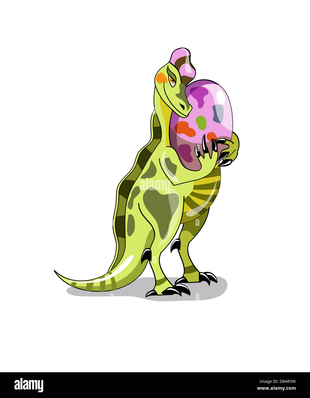 Illustration of a Lambeosaurus holding an egg. Stock Photo