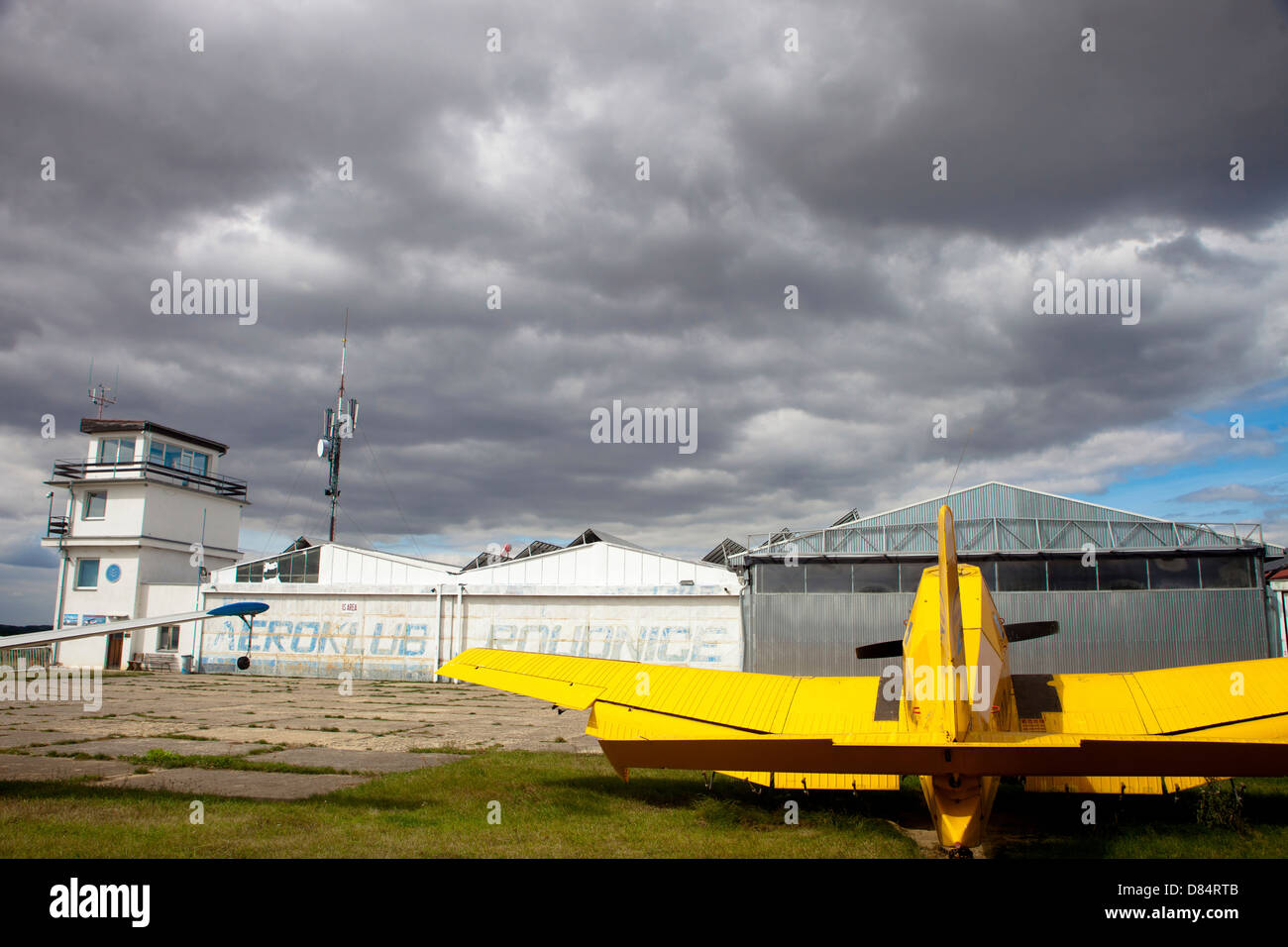 An old communist-era Zlin Z-37A crop spraying aircraft, parked on the apron at Roudnice Airfield, Czech Republic. Stock Photo