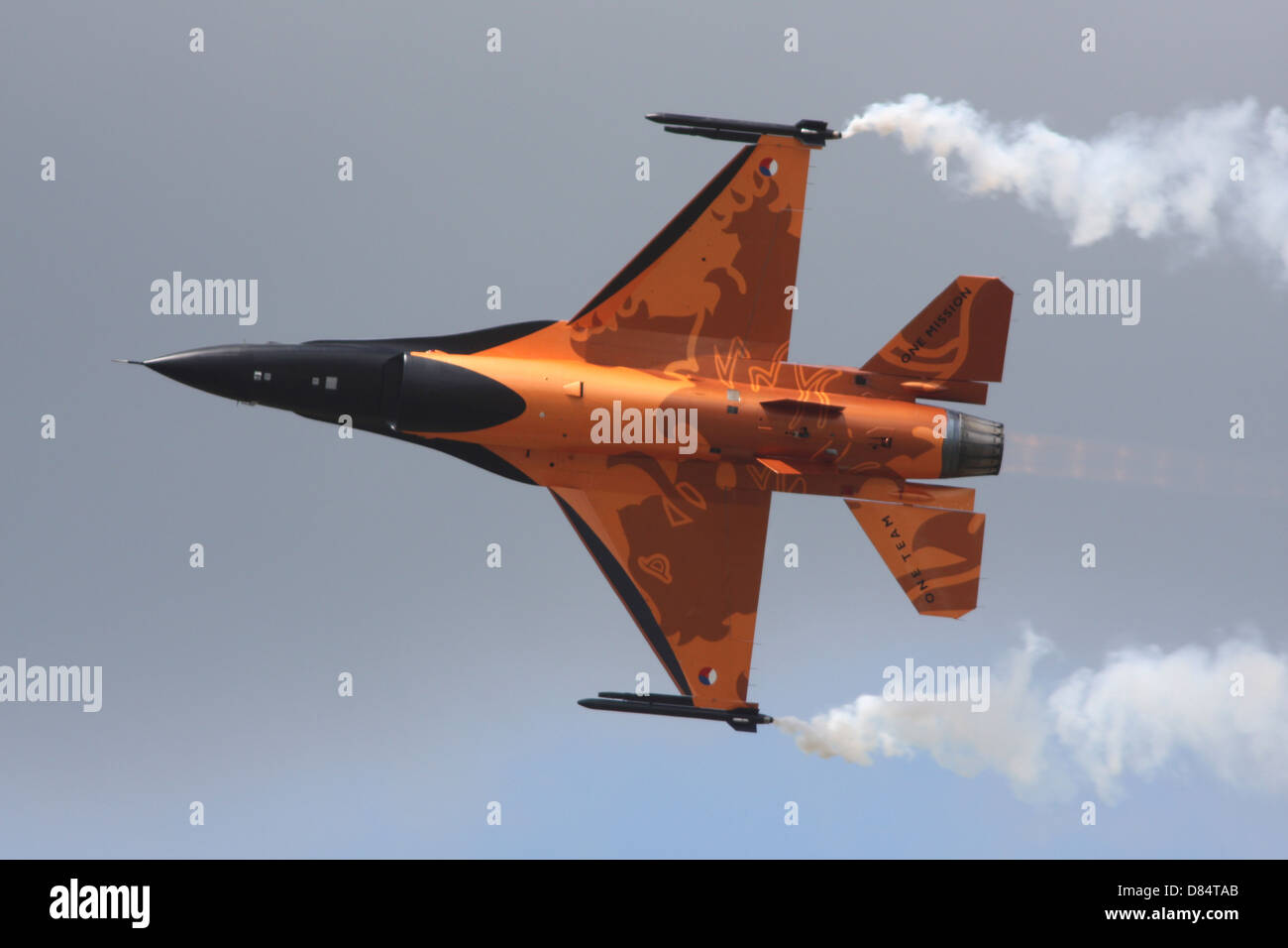 Dutch Air Force F-16A during a flight demonstration in The Netherlands.. Stock Photo