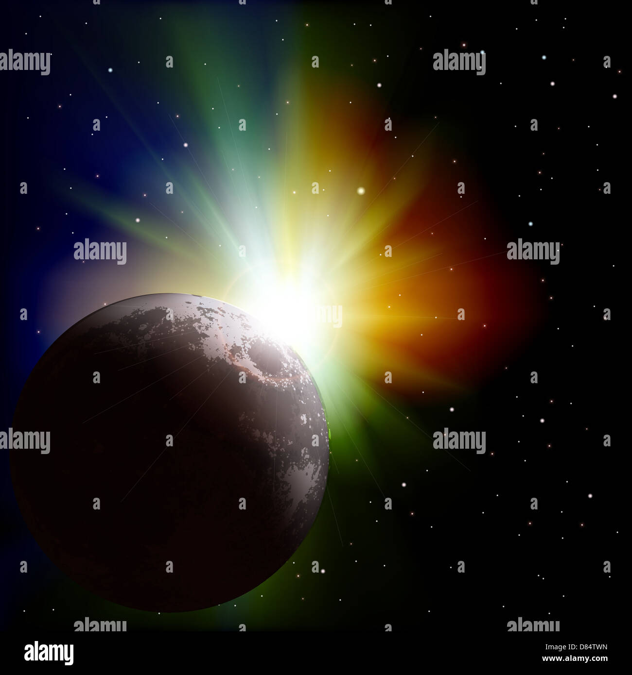 abstract space background with moon and sunrise Stock Photo - Alamy