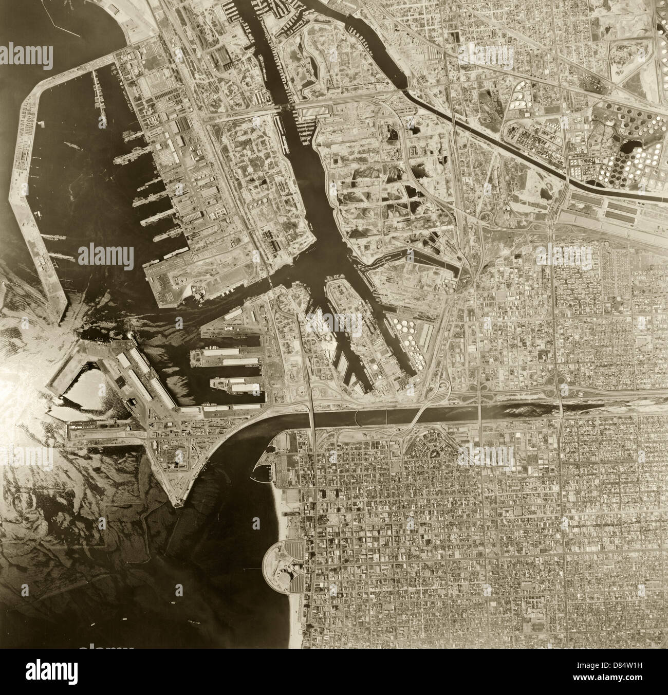 historical aerial photograph Long Beach harbor, California, 1963 Stock Photo