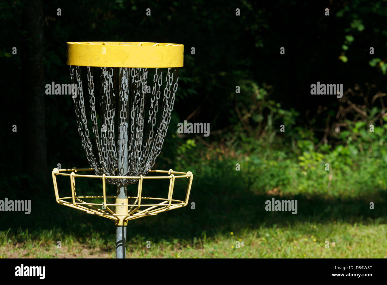 A single disc golf (frisbee golf) permanent metal goal target in a