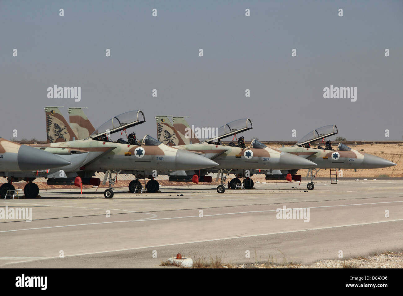 A line of F-15I Ra'am of the Israeli Air Force on display at Hatzerim Air Force Base, Israel. Stock Photo