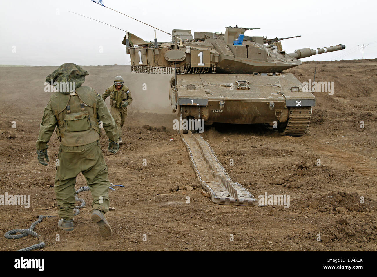 An Israel Defense Force Merkava Mark IV main battle tank during track replacement drill. Stock Photo