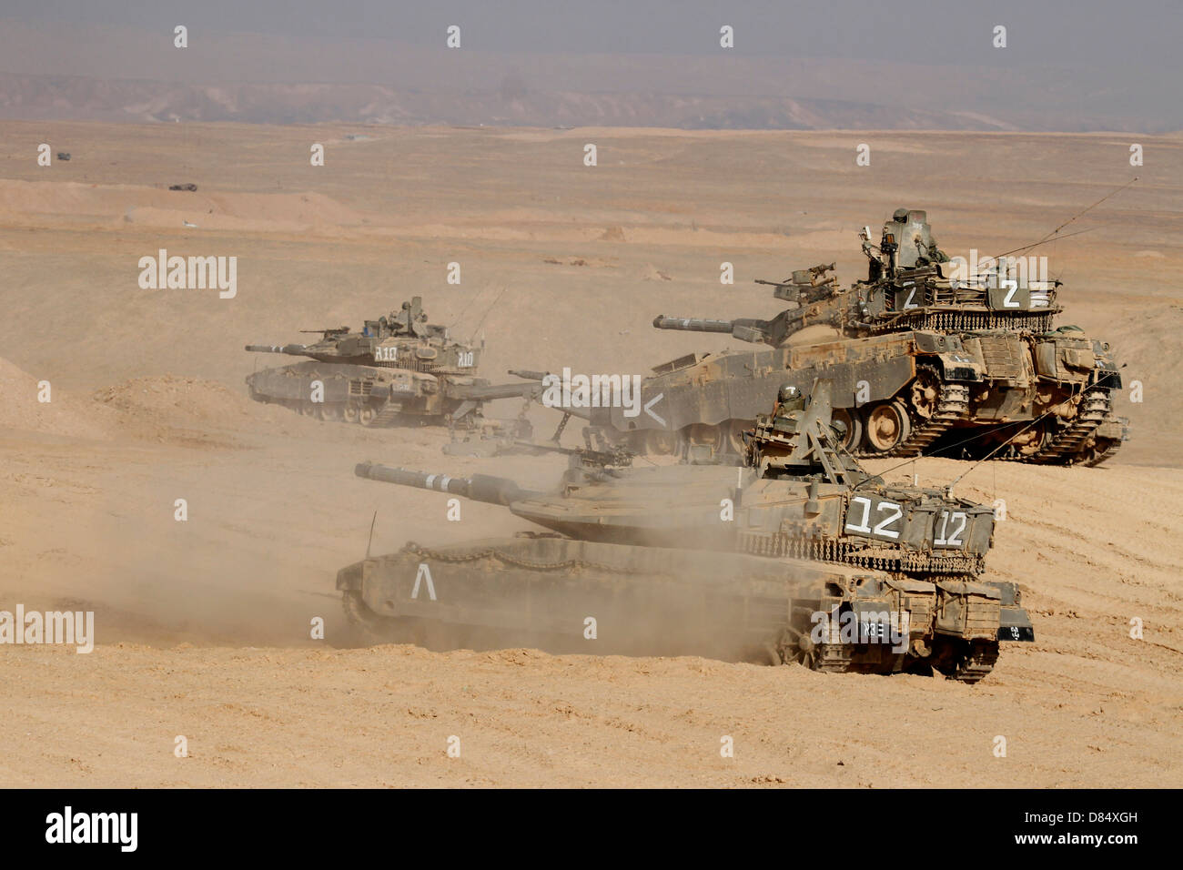 A platoon of Israel Defense Force Merkava Mark IV main battle tanks. Stock Photo