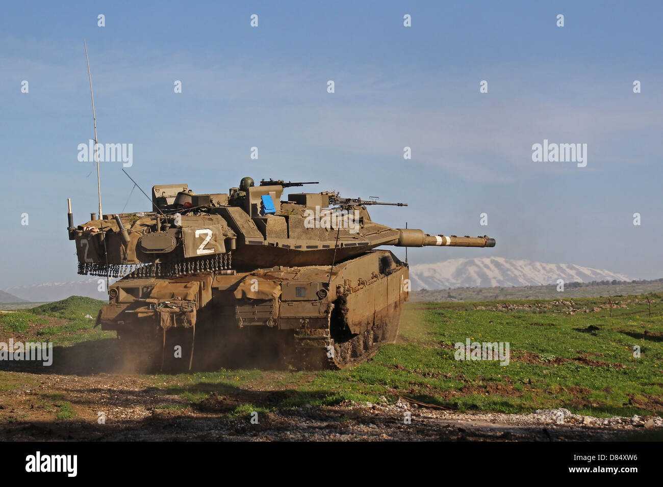 An Israel Defense Force Merkava Mark IV main battle tank during an exercise in the Golan Heights. Stock Photo