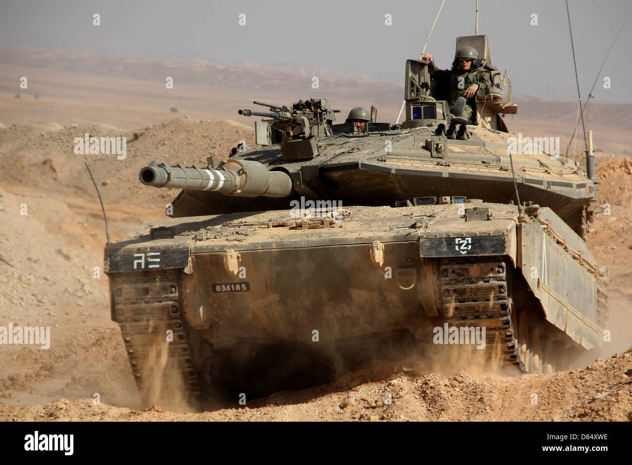 An Israel Defense Force Merkava Mark IV main battle tank. Note the instructor's chair fitted on board the tank's turret Stock Photo