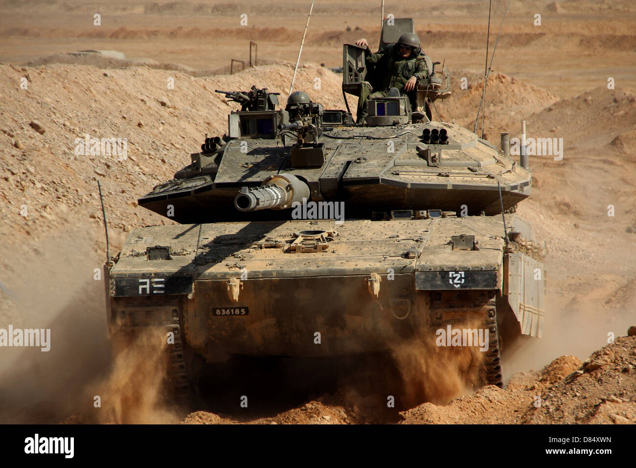 An Israel Defense Force Merkava Mark IV main battle tank. Note the instructor's chair fitted on board the tank's turret Stock Photo