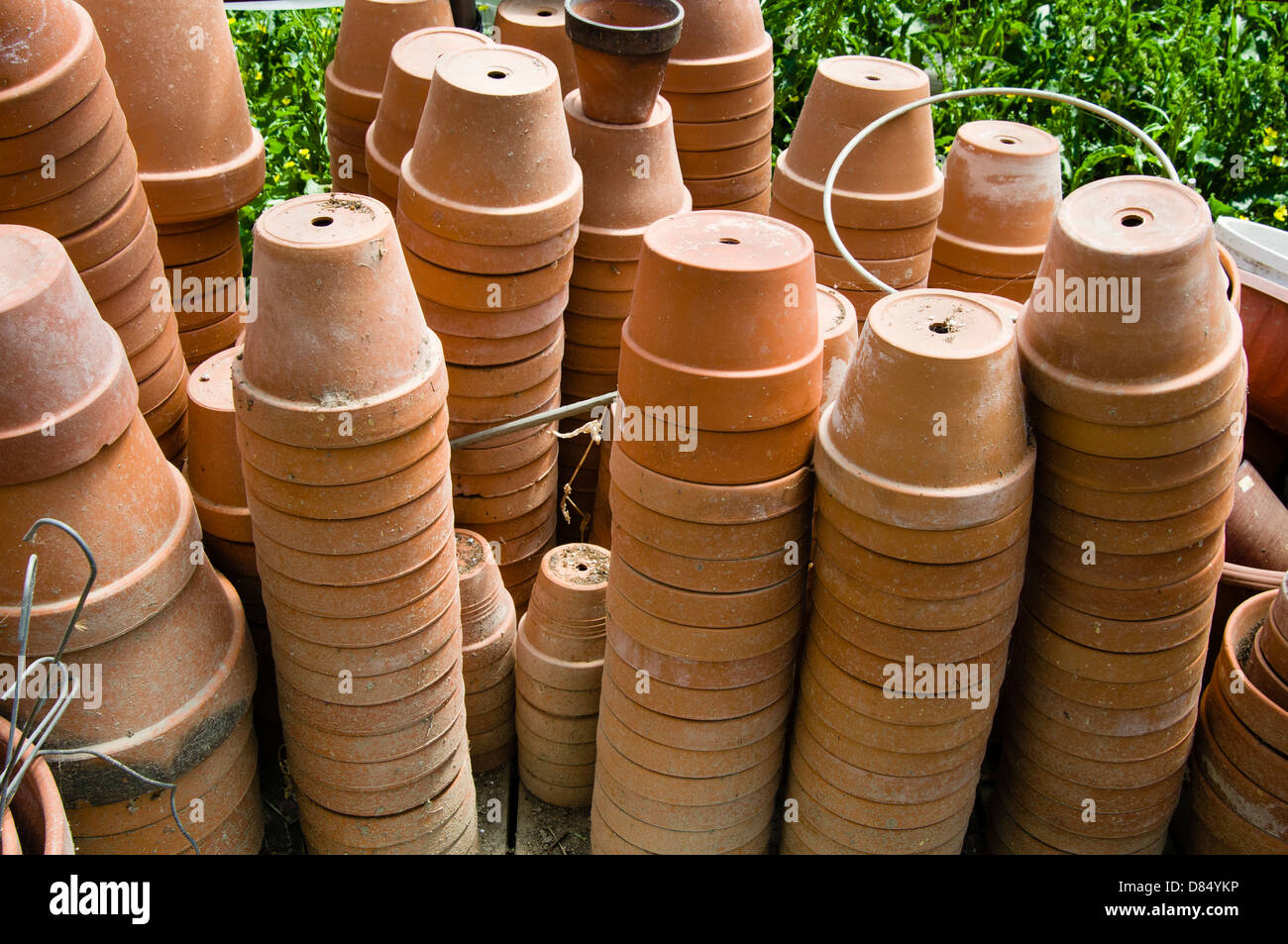 Clay pots inside a nursery greenhouse, Arkansas, USA Stock Photo