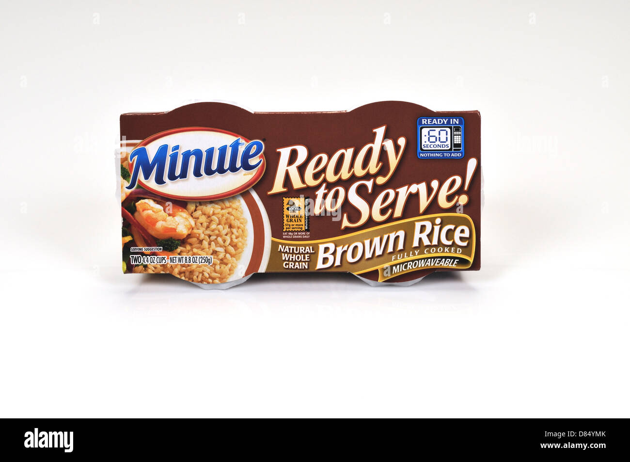 Pack of Minute Ready to Serve Whole Grain Brown Rice Tubs on white background, cutout. USA Stock Photo
